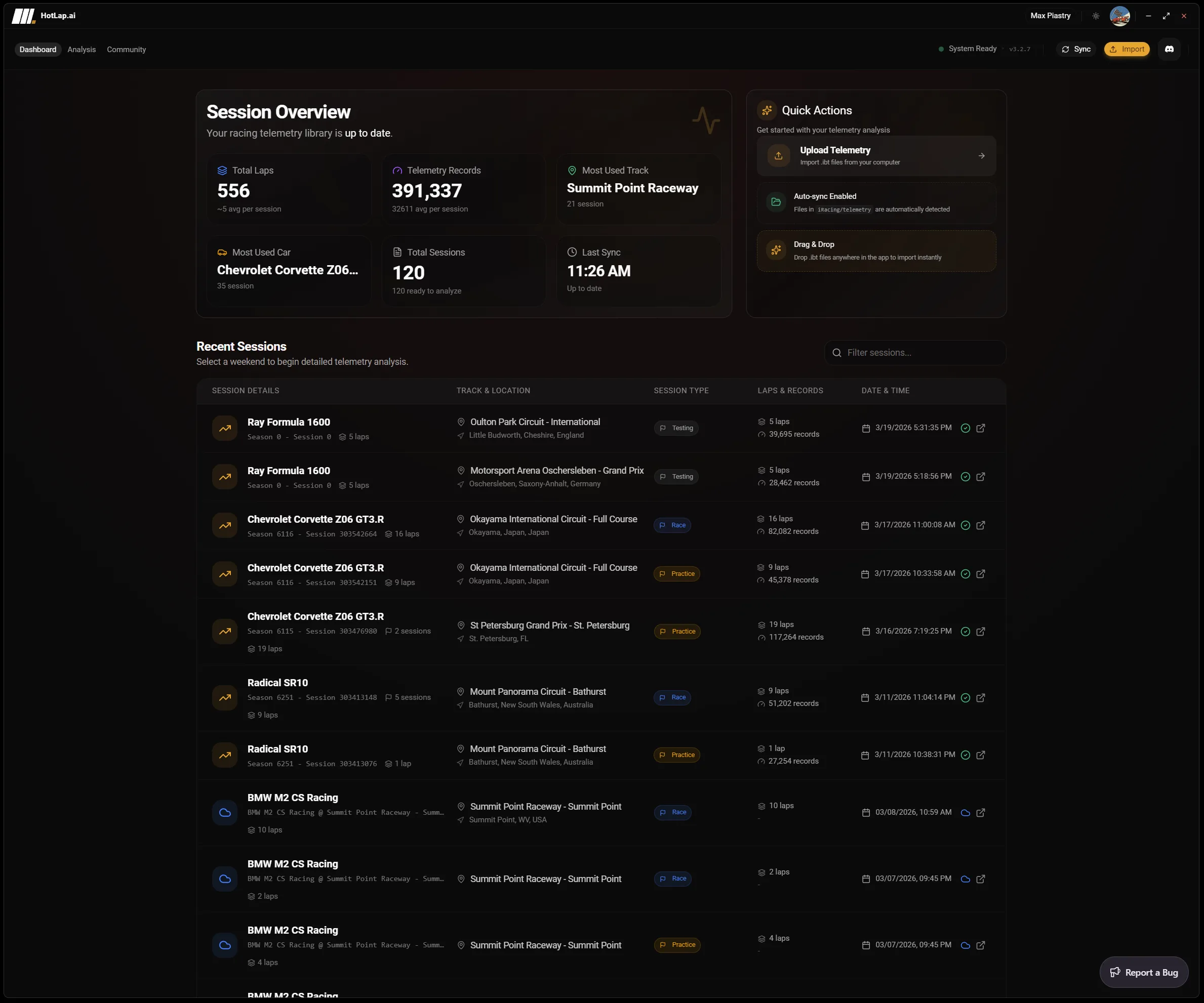 Hotlap.ai dashboard for organizing synced iRacing telemetry sessions before lap analysis